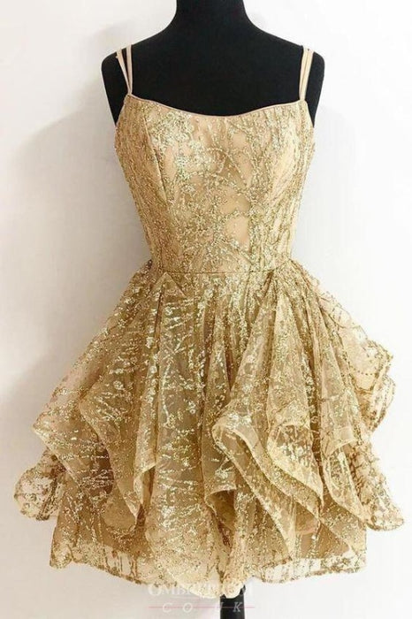 Gold Short homecoming Glitter Cocktail Party Dress Mini Shiny Straps Dresses - Prom Dresses