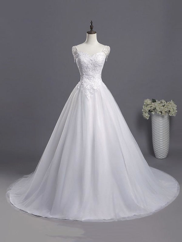 Gorgeous A-line Lace Appliques Wedding Dresses - Pure White / Floor Length - wedding dresses