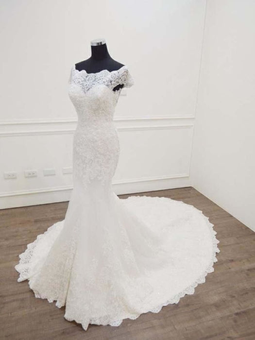 Gorgeous Bateau Lace Mermaid Sweep Train Wedding Dresses - wedding dresses