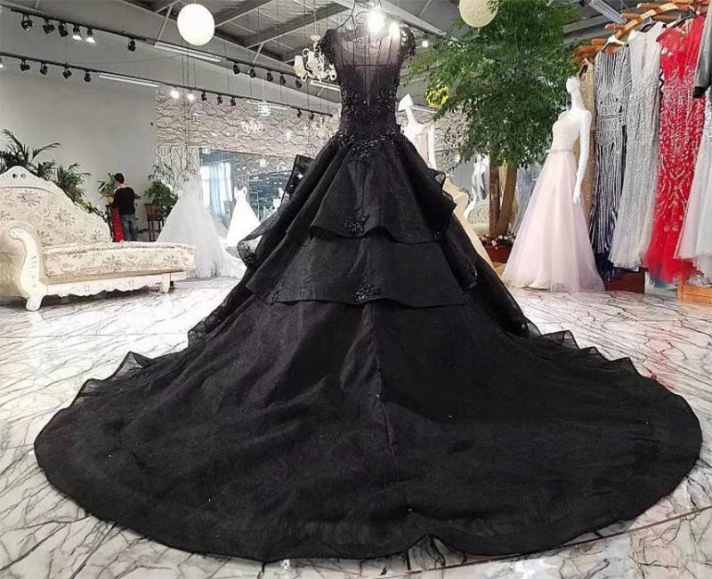 Black Ball Gown Wedding Dress with Cap Sleeves-Bridelily