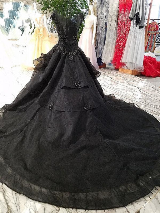 Gorgeous Black Ball Gown Cap Sleeves Long Wedding Dress - Wedding Dresses