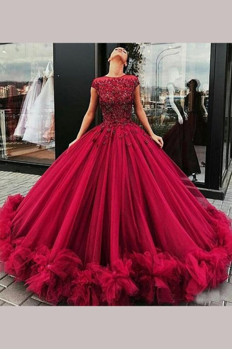 Gorgeous Burgundy Ball Gown Jewel Tulle Beading Cap Sleeves Prom Dress - Prom Dresses