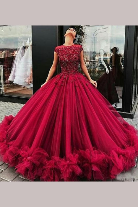 gorgeous burgundy dress Gorgeous Burgundy Brocade Prom Dress With Puff Sleeves, Prom Dress 2025