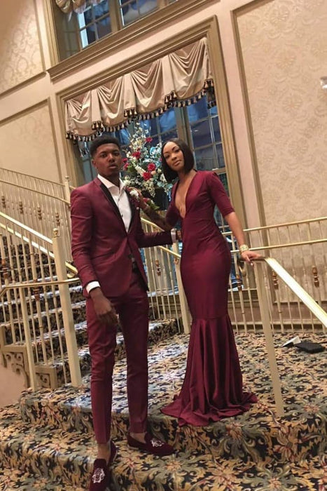 prom dresses with short sleeves Gorgeous Burgundy Mermaid Short Red Prom Dresses 2021