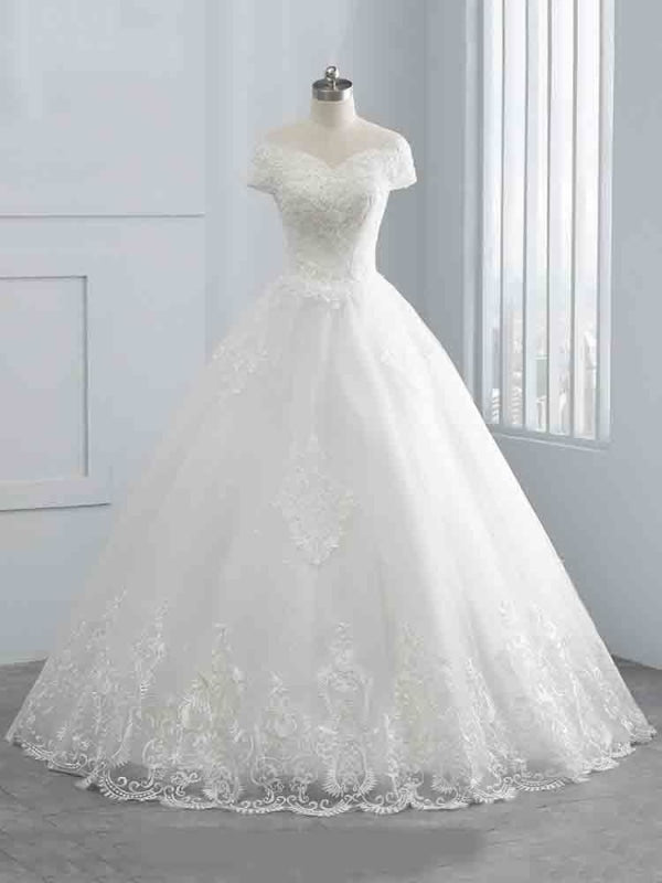 Gorgeous Cap Sleeves Sequins Lace-Up Ball Gown Wedding Dresses - Off White / Floor Length - wedding dresses