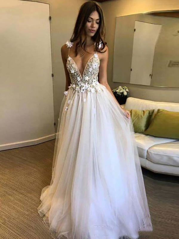 Gorgeous Deep V-neck Appliques Tulle Wedding Dresses - White / Floor Length - wedding dresses