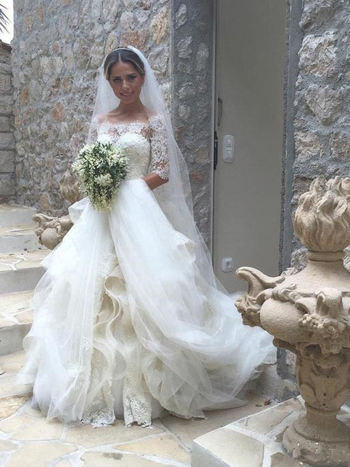 Gorgeous Design Wave Details Half Sleeve Lace Wedding Dresses - Wedding Dresses