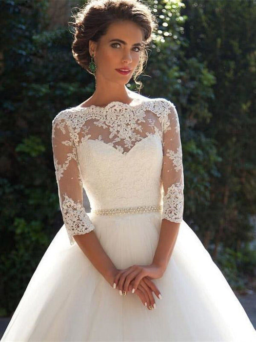 Gorgeous Half Sleeves Covered Button Ball Gown Wedding dresses - White / Floor Length - wedding dresses