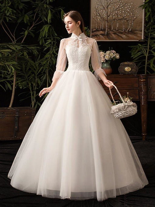 Gorgeous High Collar 3/4 Sleeve Lace-Up Ball Gown Wedding Dresses - wedding dresses