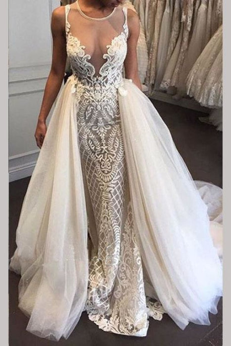 Gorgeous Illusion Tulle Detachable-Train Sleeveless Lace Applique Wedding Dress - Wedding Dresses