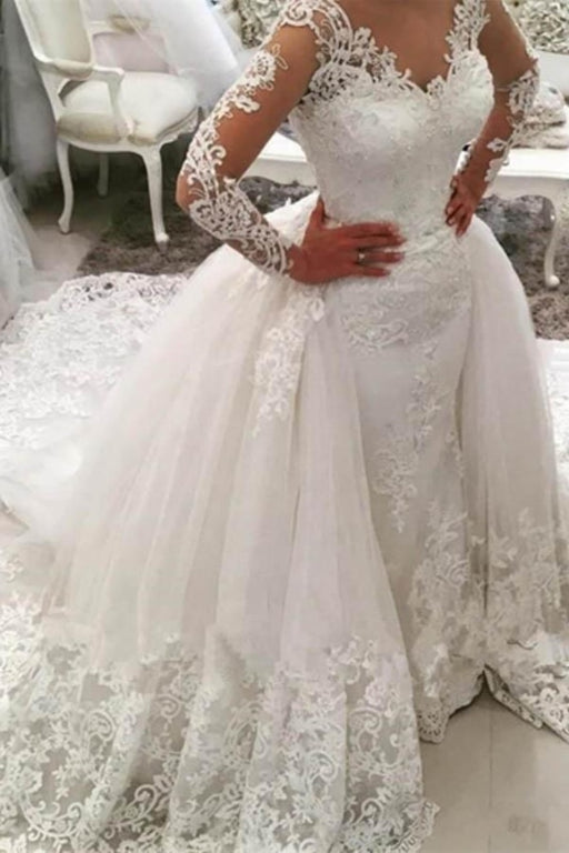 Gorgeous Ivory V-Neck Long Sleeves Appliques Watteau Train Wedding Dress - Wedding Dresses