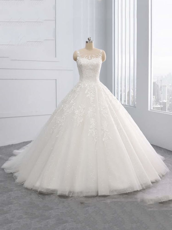 Gorgeous Lace-Up Sweep Train Ball Gown Wedding Dresses - Ivory / Floor Length - wedding dresses
