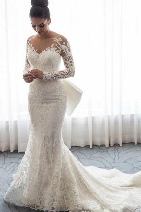 Gorgeous Lace with Long Sleeves Bowknot Mermaid Wedding Dress - Wedding Dresses