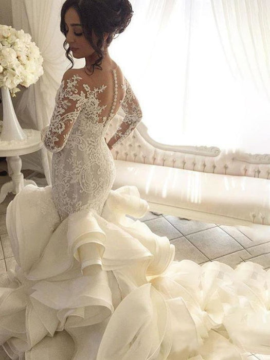 Gorgeous Long Sleeve Ivory Appliques Ruffles Wedding Gowns - Ivory / With Train - wedding dresses