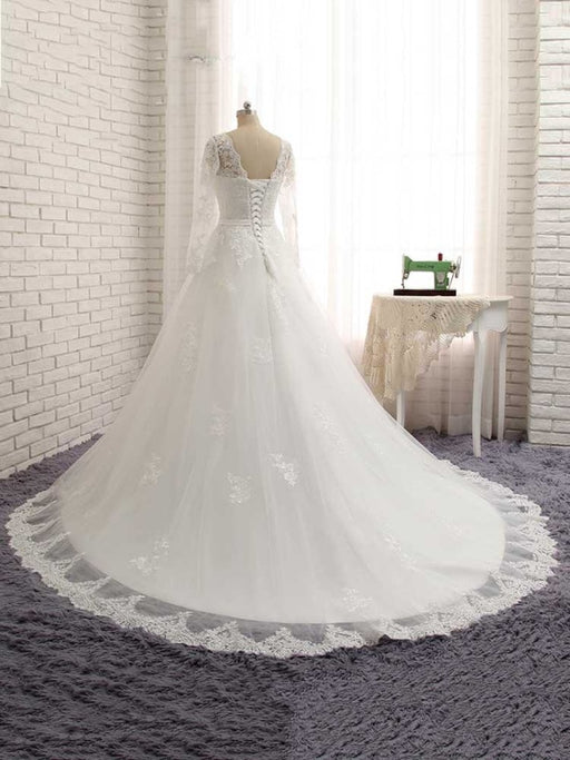 Gorgeous Long Sleeves Lace Ribbon Tulle Wedding Dresses - wedding dresses