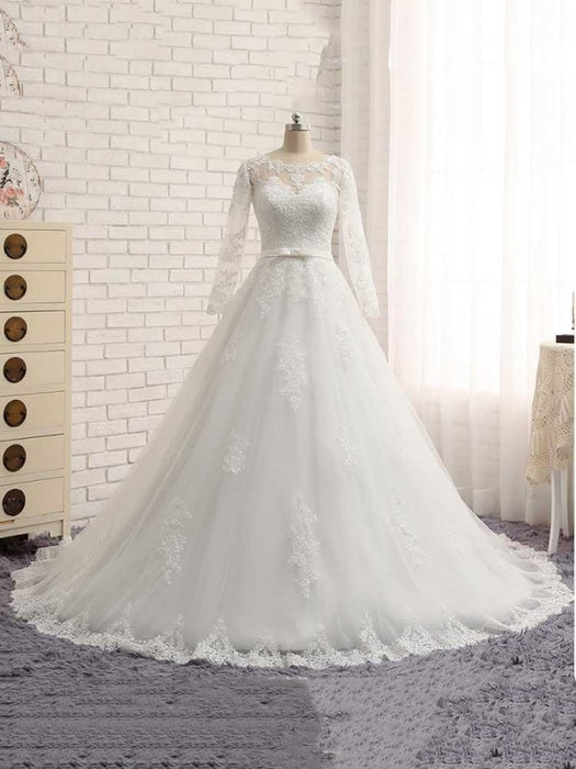 Gorgeous Long Sleeves Lace Ribbon Tulle Wedding Dresses - Ivory / Floor Length - wedding dresses