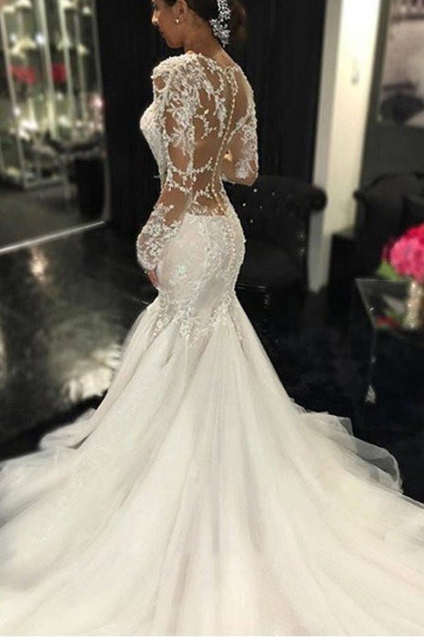 Gorgeous Long Sleeves Mermaid V-neck Gown Ivory Wedding Dress - Wedding Dresses