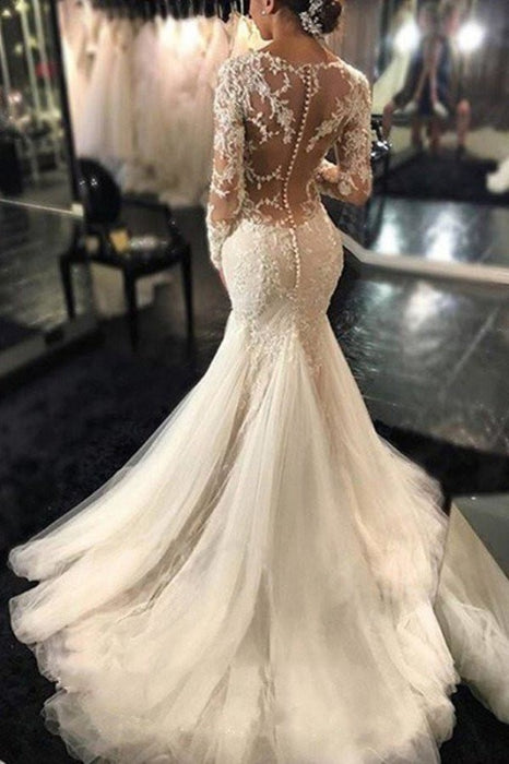 Luxury Long Sleeve V Neck Applique Mermaid Wedding Dresses – Yelure UK