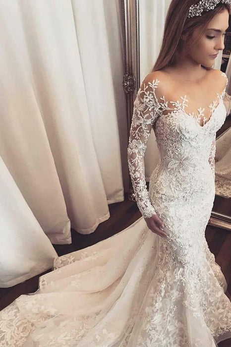 Gorgeous Mermaid Long Sleeve Wedding Dresses - Bridelily Gorgeous Mermaid Long Sleeve Wedding Dresses - Bridelily