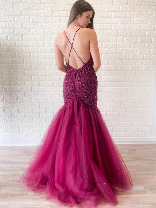 Gorgeous Mermaid V Neck Backless Beaded Purple Prom Dresses, V Neck Mermaid Purple Formal Dresses, Mermaid Purple Evening Dresses