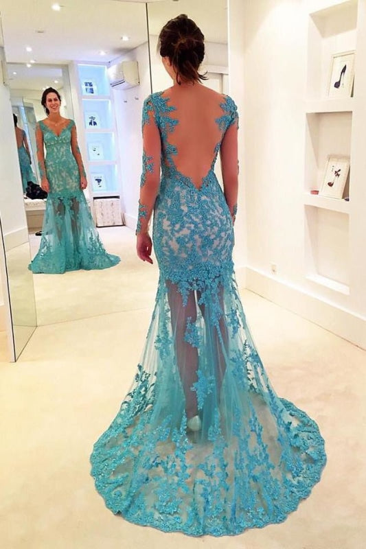 Gorgeous Mermaid V-neck Gown Long Sleeves Prom Dress with Lace Appliques - Prom Dresses