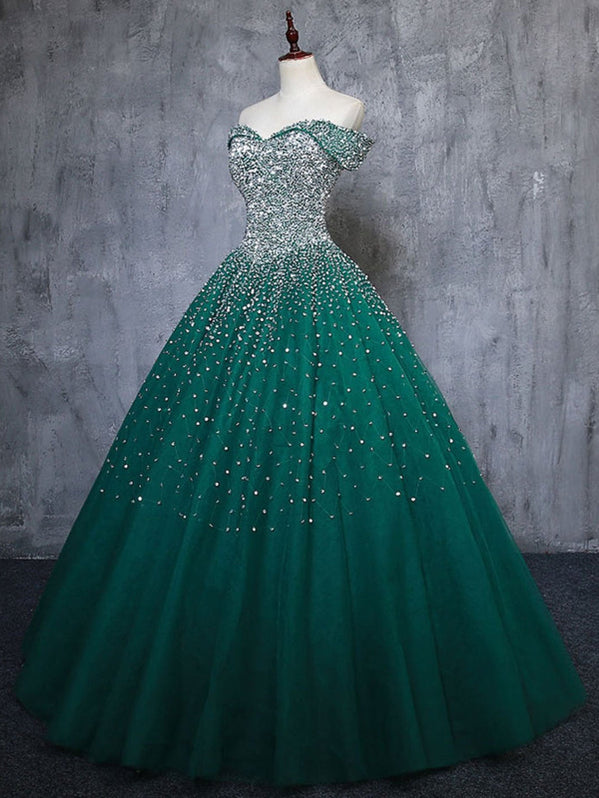 Off Shoulder Beaded Green Tulle Prom Dress Glitter Ball Gown-Bridelily