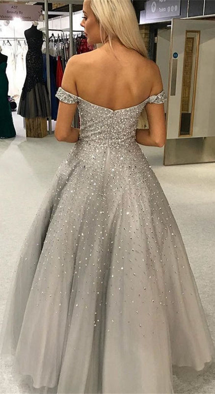 Gorgeous Off Shoulder Silver Grey Sequins Long Prom Dresses, Off Shoulder Grey Formal Evening Dresses