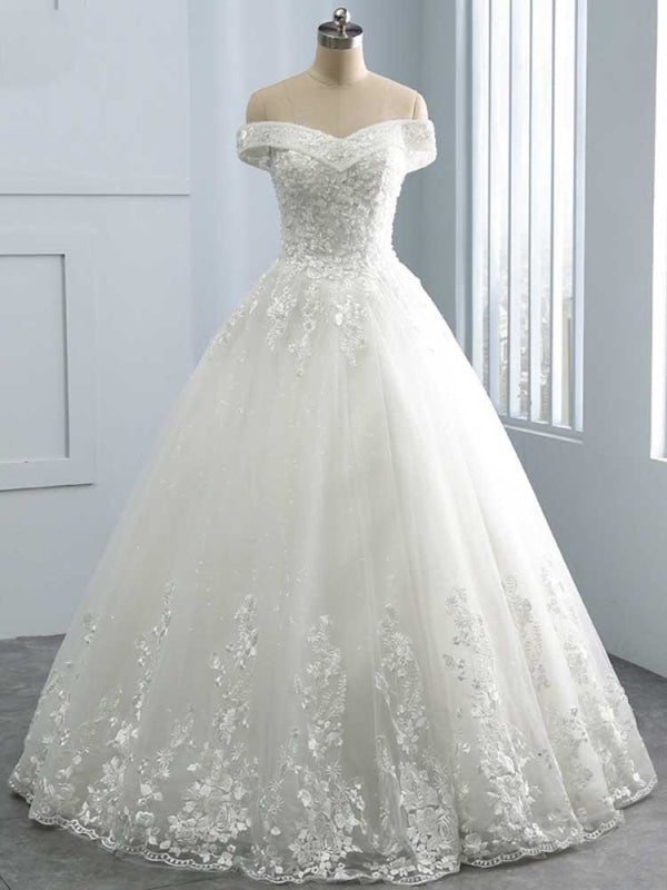Gorgeous Off-The-Shoulder Lace Ball Gown Wedding Dresses - Ivory / Floor Length - wedding dresses