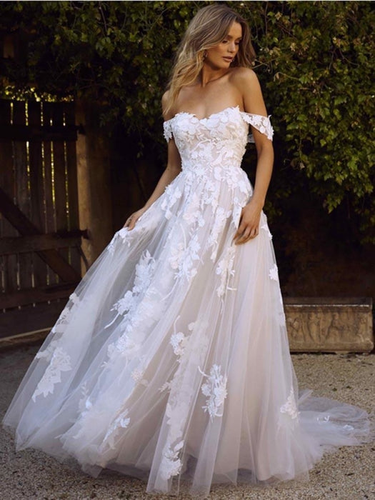 Gorgeous Open Back Appliques Tulle A-line Wedding Dresses - As Picture / Floor Length - wedding dresses