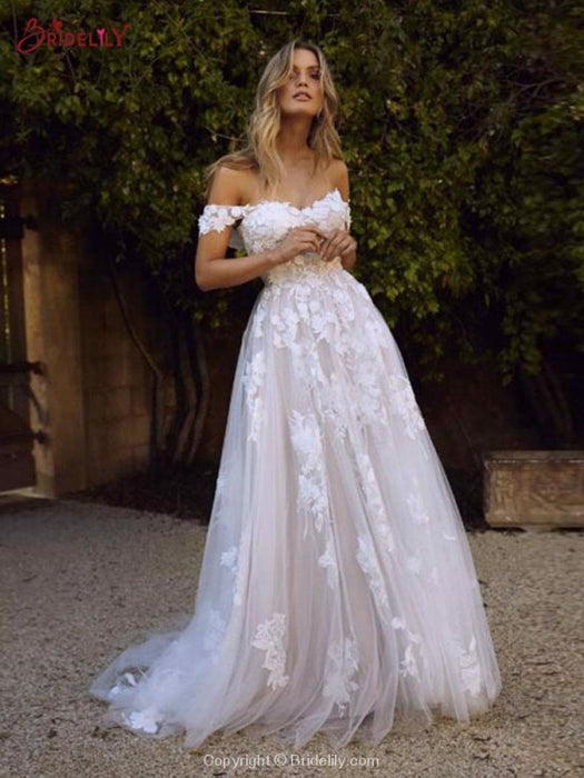 Gorgeous Open Back Appliques Tulle A-line Wedding Dresses - wedding dresses