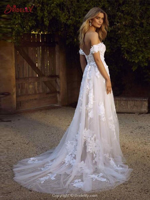Gorgeous Open Back Appliques Tulle A-line Wedding Dresses - wedding dresses