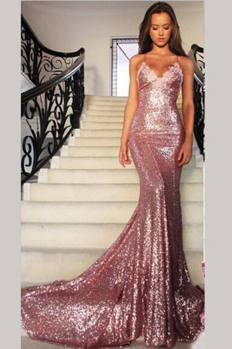 Gorgeous Rose Gold Spaghetti Straps V-neck Mermaid Sequins Sweep Train Prom Dress - Prom Dresses