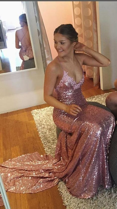 Gorgeous Rose Gold Spaghetti Straps V-neck Mermaid Sequins Sweep Train Prom Dress - Prom Dresses
