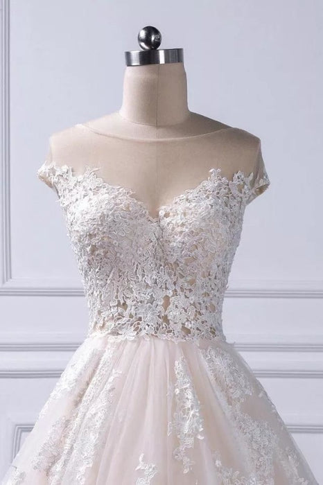 Gorgeous Sheer Neck Cap Boho Lace Wedding Dress 2020 - Bridelily