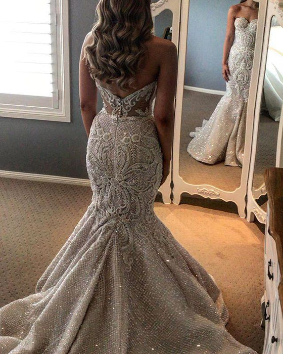 Shiny Beading Lace Strapless Mermaid Wedding Dress with Overskirt-Bridelily Shiny Beading Lace Strapless Mermaid Wedding Dress with Overskirt-Bridelily