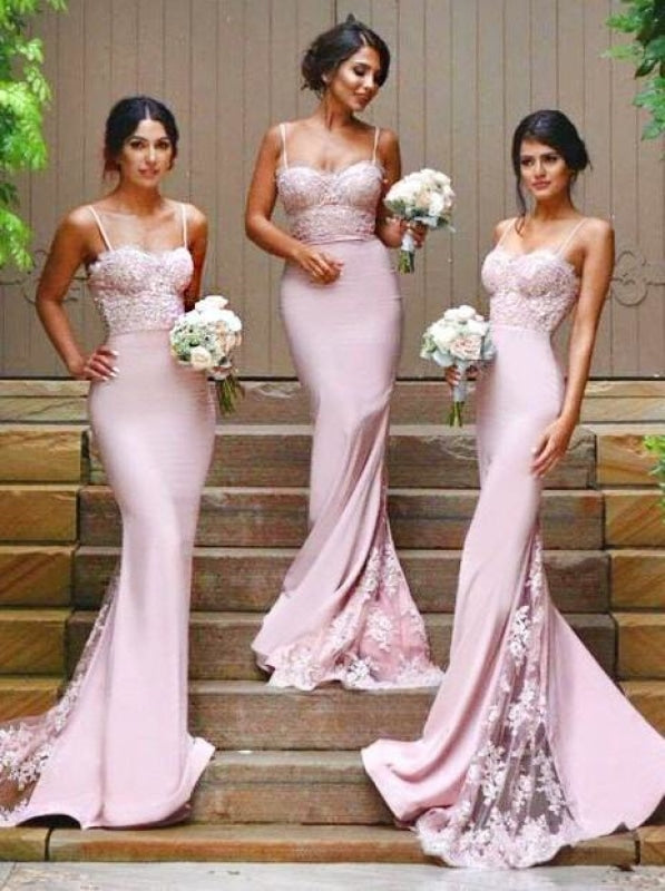 Gorgeous Spaghetti Mermaid Pink Long Bridesmaid Dress - Bridesmaid Dresses