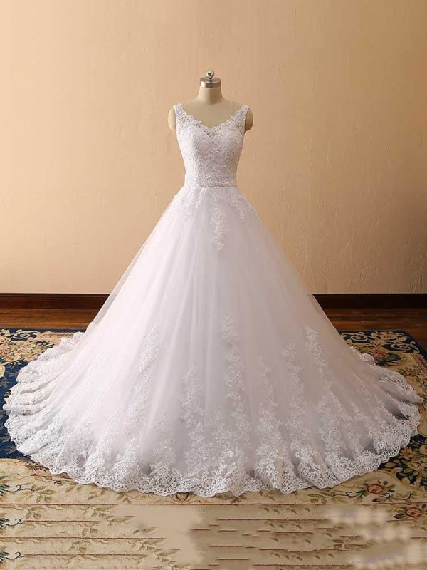 Gorgeous Spaghetti Strap V-Neck Backless Wedding Dresses - White / Floor Length - wedding dresses