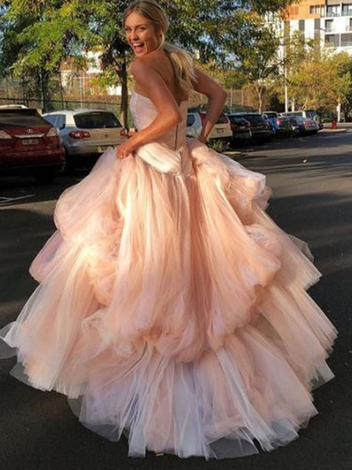 Strapless Layered Light Pink Tulle Long Prom Dresses-Bridelily