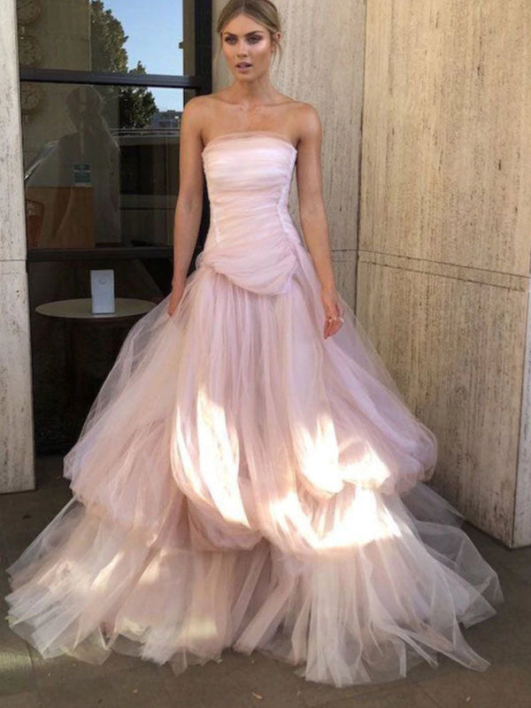 women's light pink strapless dress for a wedding Strapless Layered Light Pink Tulle Long Prom Dresses-Bridelily