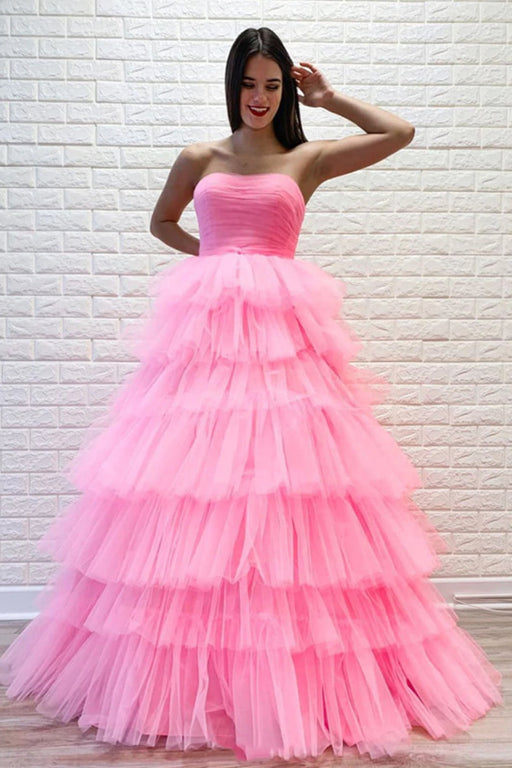 Gorgeous Strapless Layered Pink Tulle Long Prom Dresses, Pink Tulle Formal Evening Dresses 