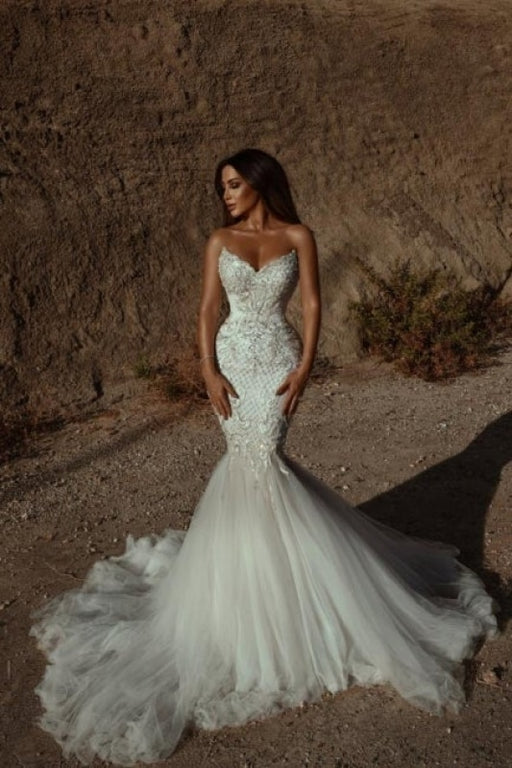 Gorgeous Sweetheart Tulle Bridal Dress Sleeveless Beading Mermaid Wedding Gown - 婚纱