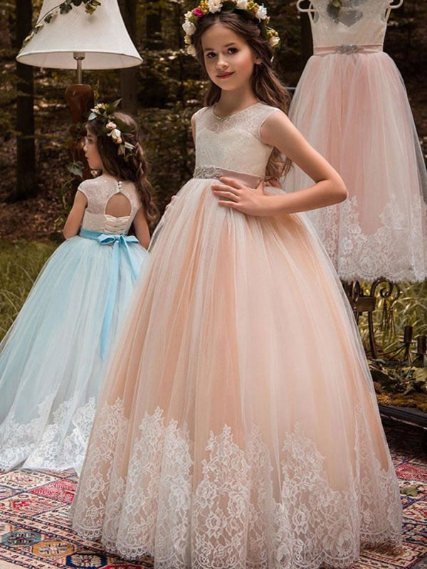 Flower Girl Dresses Jewel Neck Sleeveless Sash Formal Kids Pageant Dresses