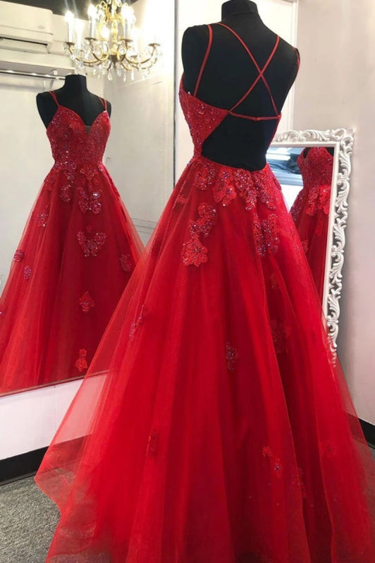 Lace Appliques Elegant V-Neck Prom Dress Tiered Backless Sleeveless Evening Dress