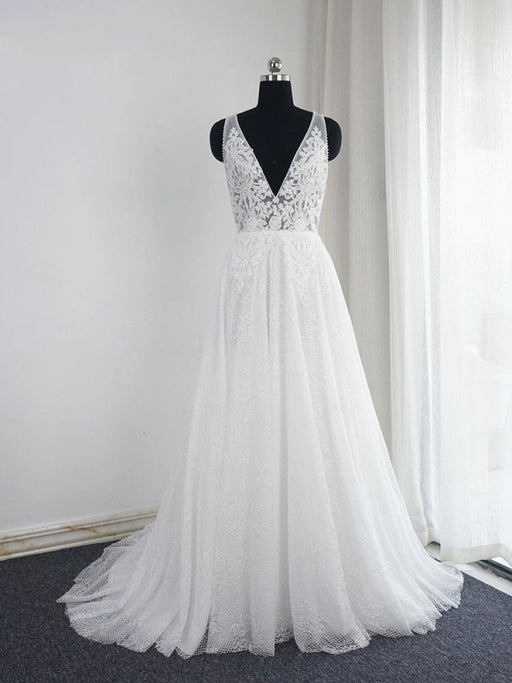 Gorgeous V-Neck Backless Ruffles Wedding Dresses - White / Floor Length - wedding dresses