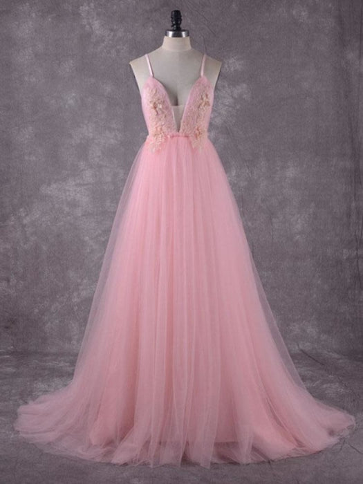 Gorgeous V-Neck Backless Tulle Wedding Dresses - pink (757) / Floor Length - wedding dresses
