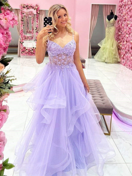 Gorgeous V Neck Beaded Purple Lace Floral Long Prom Dresses, Purple La Bridelily Gorgeous V Neck Beaded Purple Lace Floral Long Prom Dresses, Purple La Bridelily
