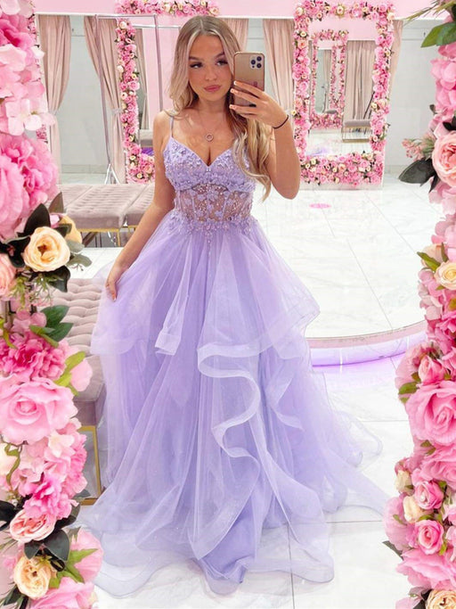 Gorgeous V Neck Beaded Purple Lace Floral Long Prom Dresses, Purple Lace Formal Dresses, Lilac Tulle Evening Dresses 