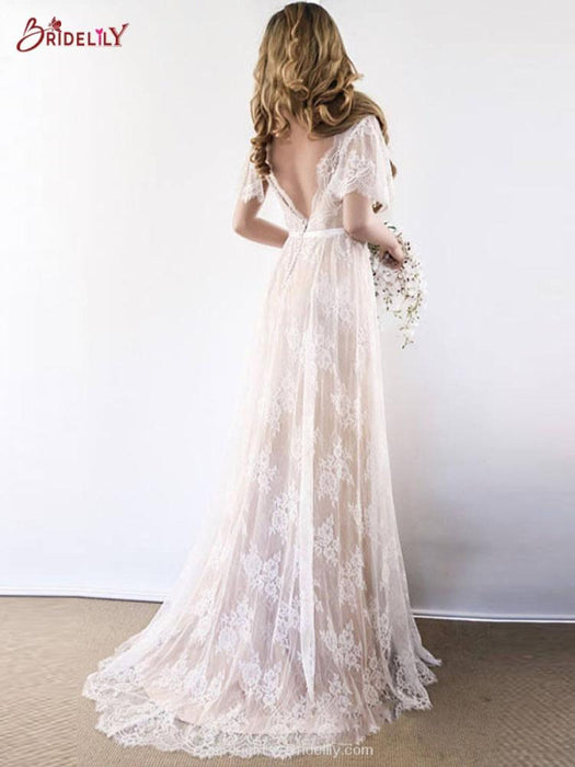 Gorgeous V-Neck Lace Wedding Dress with Cap Sleeves-Bridelily Gorgeous V-Neck Lace Wedding Dress with Cap Sleeves-Bridelily