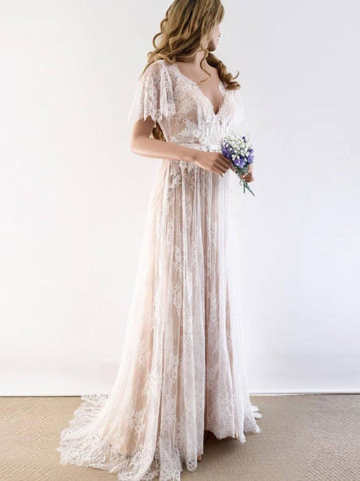 Gorgeous V-Neck Lace Wedding Dress with Cap Sleeves-Bridelily Gorgeous V-Neck Lace Wedding Dress with Cap Sleeves-Bridelily