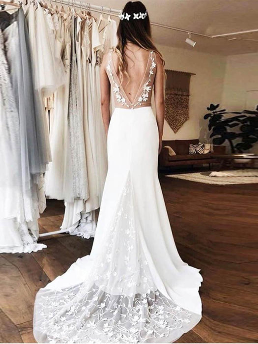 V-Neck Lace Backless Mermaid Wedding Dress | Bridelily V-Neck Lace Backless Mermaid Wedding Dress | Bridelily